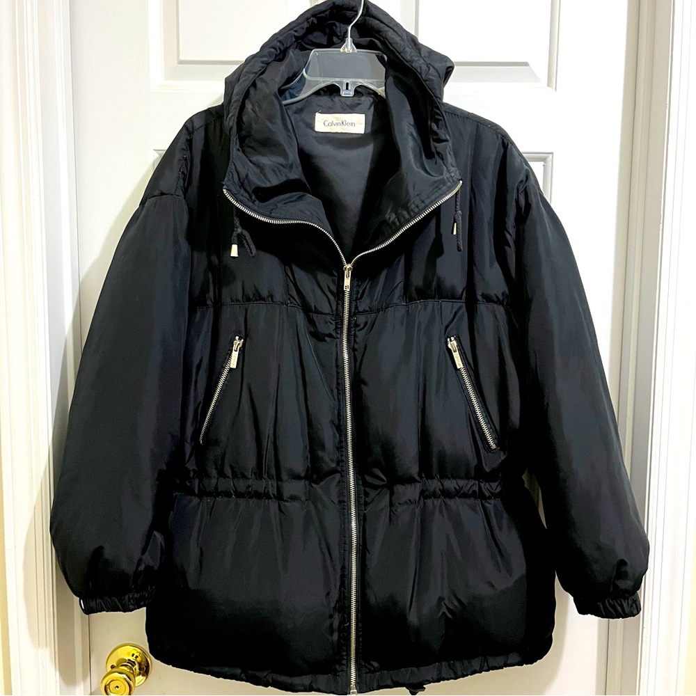 Vintage CALVIN KLEIN BLACK HOODED NYLON/DOWN PUFFER JACKET Women Small full zip